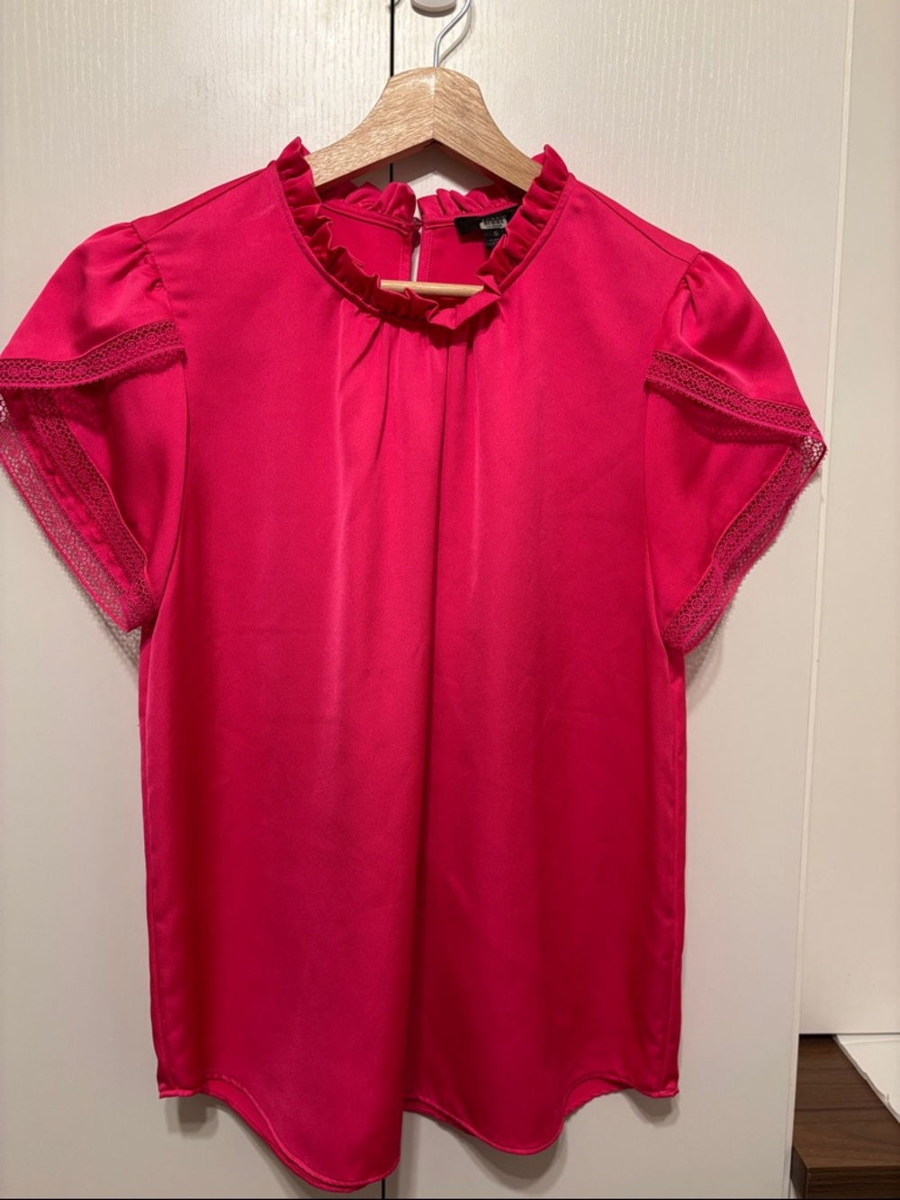 J. Crew Bright Pink Ruffle Neck Short Sleeve Blouse - S